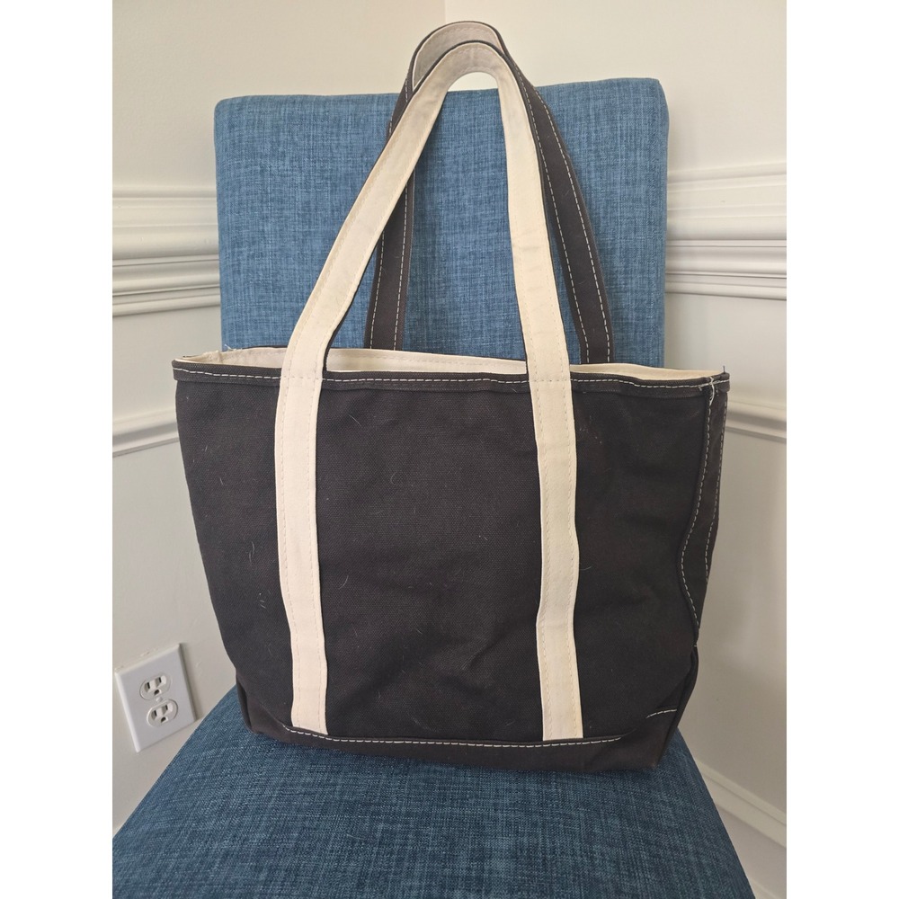 LL Bean Boat and Tote Zip Top Canvas Bag Black Natural ASU Monogram Medium Long - Picture 2 of 7